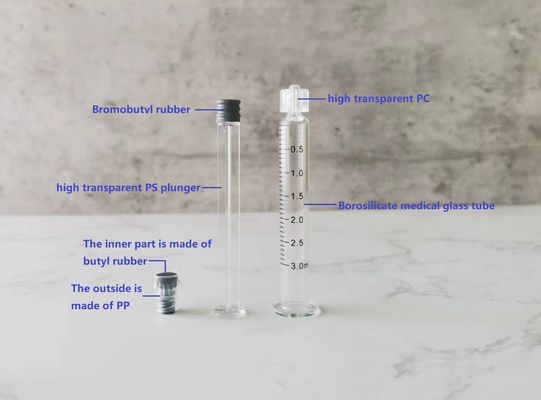 1ml 2.25ml 3ml 5ml 前注入ボロシリケート注射器 メタルプラスチックプルーンジャー ルアーロック注射器 5ml ガラス注射器 1ml